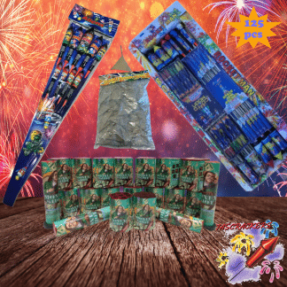 The Works Pack 125-piece fireworks bundle with rockets, multi-shot cakes and crackers